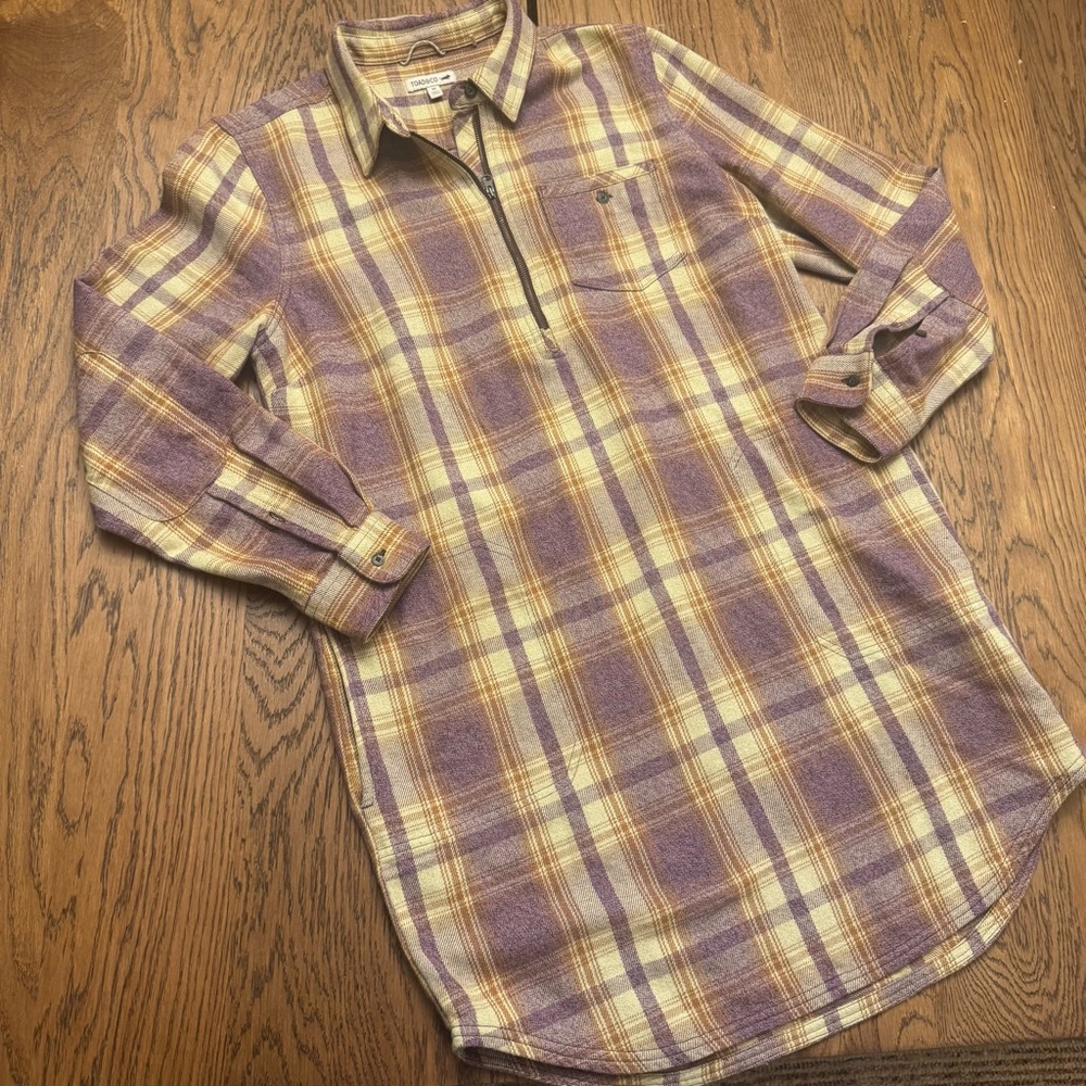 Toad&Co Purple and Cream Plaid‎ Shirt tunic Quarter Zip Bodi Dress cabincore